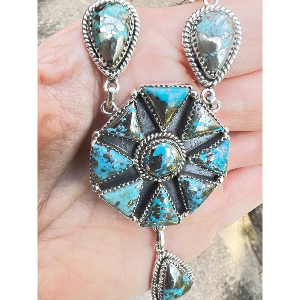 .925 Sterling Silver Turquoise Southwestern Style Y Drop Lariat Cluster Necklace - Picture 5 of 9